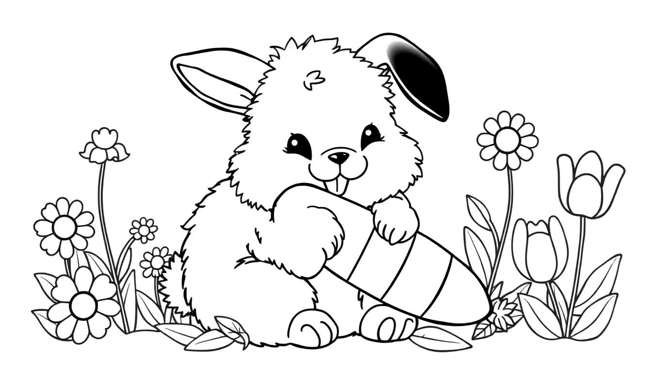 Dibujo de un conejito blanco y negro sosteniendo una zanahoria, sobre una placa de color para colorear.