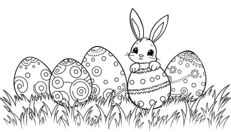 Placa de color de un conejo de Pascua sentado entre huevos decorados.