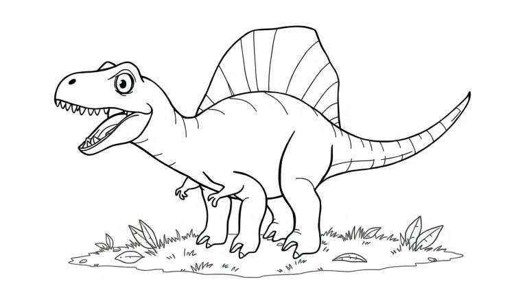 Placa de color de un Spinosaurus caricaturesco con boca abierta y vela dorsal.
