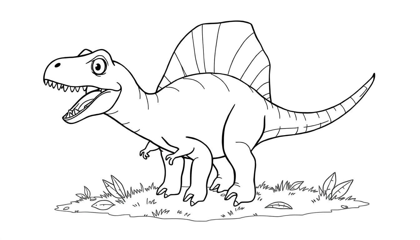Placa de color de un Spinosaurus caricaturesco con boca abierta y vela dorsal.