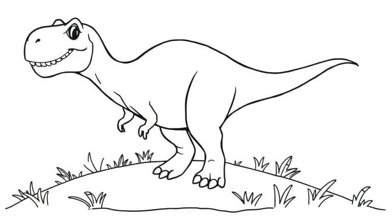 Placa de color de un Tiranosaurio Rex amistoso en un montículo con hierba.