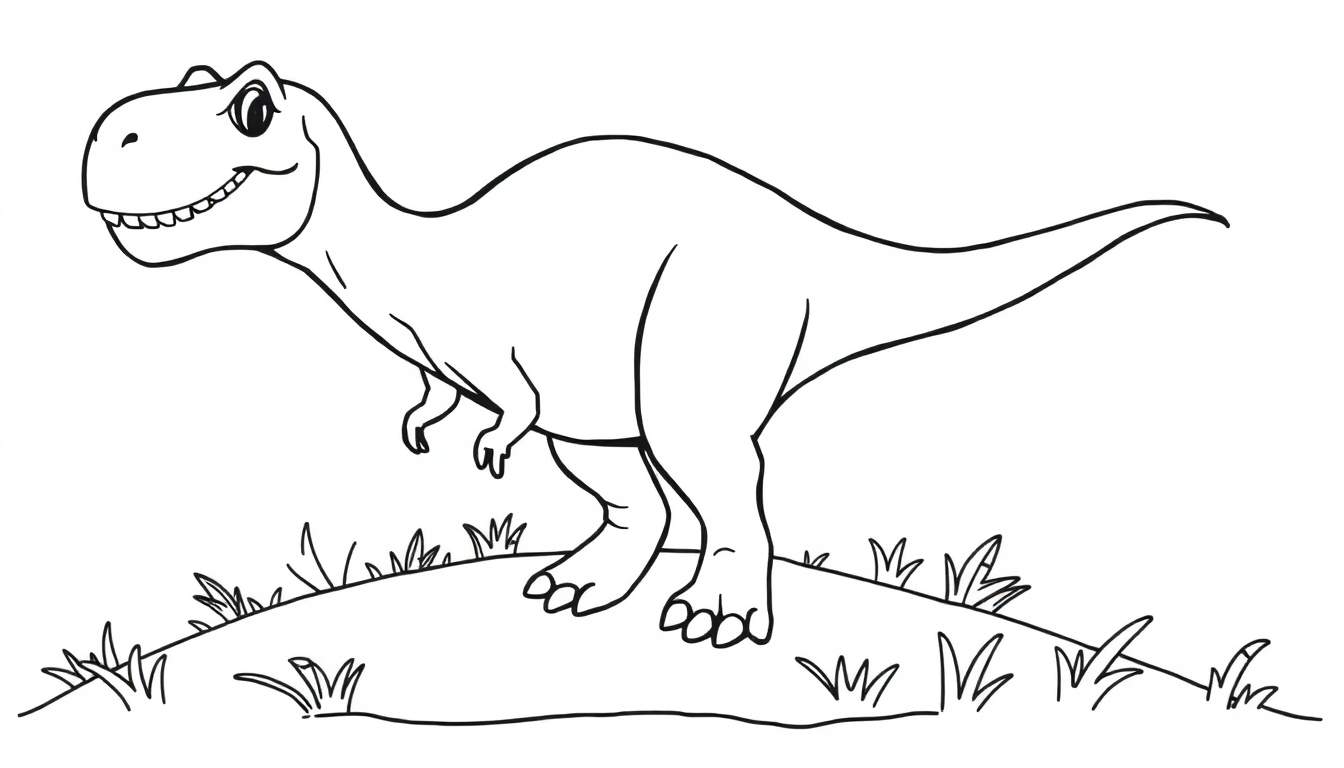 Placa de color de un Tiranosaurio Rex amistoso en un montículo con hierba.
