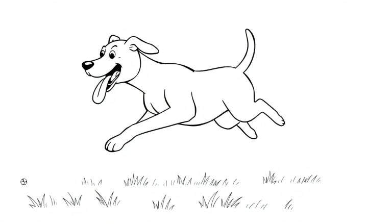 Perro feliz corriendo con una pelota, listo para colorear en una placa de color.