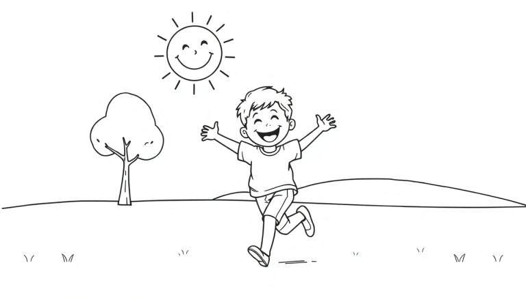 Placa de color: niño corriendo en un campo con un sol sonriente.