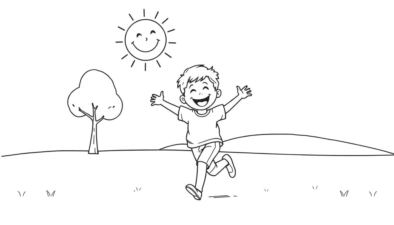 Placa de color: niño corriendo en un campo con un sol sonriente.