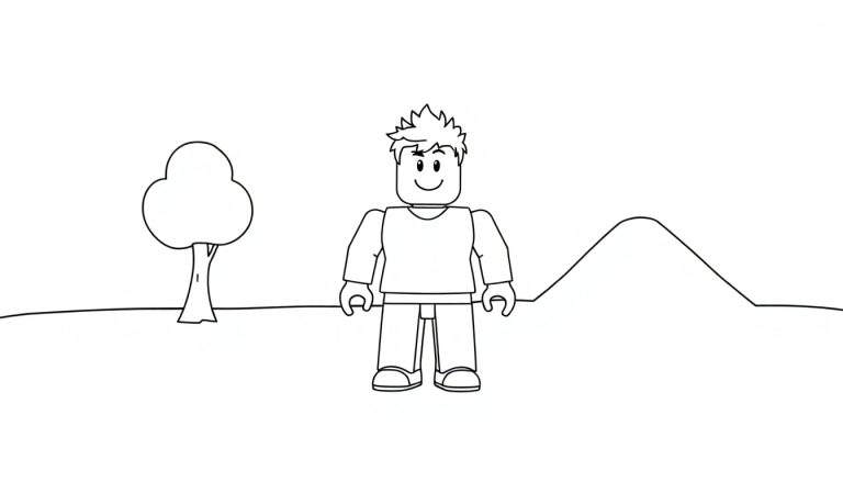 Placa de color de un personaje de Roblox amigable en un paisaje lineal.