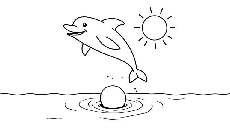 Placa de color de un delfín sonriente saltando sobre una pelota en el agua bajo el sol.