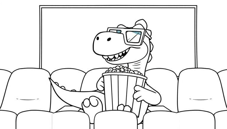 Una placa de color en blanco y negro de un dinosaurio sonriente con gafas 3D sosteniendo palomitas de maíz en el cine.