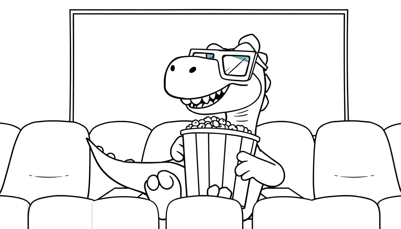 Una placa de color en blanco y negro de un dinosaurio sonriente con gafas 3D sosteniendo palomitas de maíz en el cine.