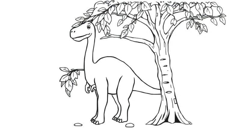 Ilustración en blanco y negro de un dinosaurio herbívoro amigable, tipo Braquiosaurio, esperando ser coloreado.