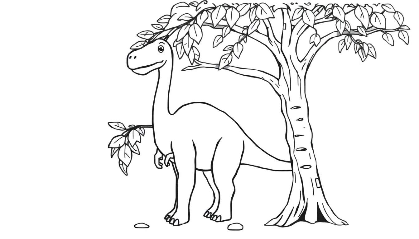 Ilustración en blanco y negro de un dinosaurio herbívoro amigable, tipo Braquiosaurio, esperando ser coloreado.
