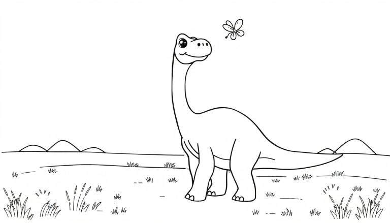 Placa de color de un Diplodocus amigable con una mariposa volando cerca, en un campo con hierba y colinas bajas de fondo.