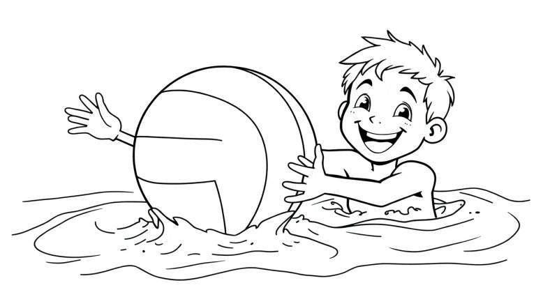 Placa de color: niño feliz jugando en el agua con una pelota grande.