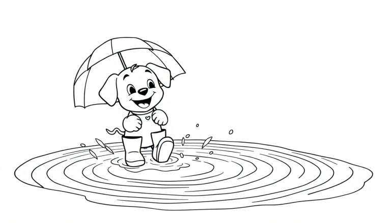 Placa de color: Un perro de dibujos animados con botas y paraguas chapoteando en un charco bajo la lluvia.