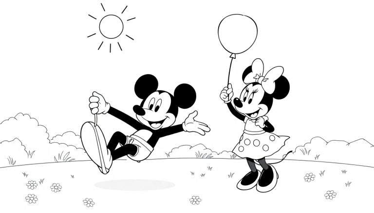 Mickey y Minnie Mouse en una placa de color, jugando al aire libre.