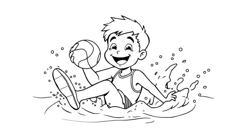 Placa de color de un niño feliz jugando con una pelota en el agua.