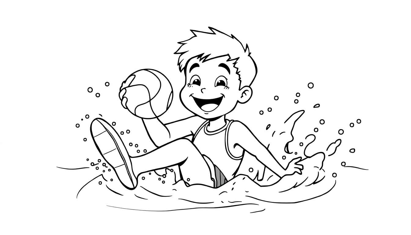 Placa de color de un niño feliz jugando con una pelota en el agua.