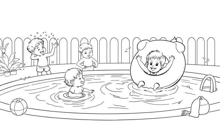 Placa de color: niños divirtiéndose en una piscina.