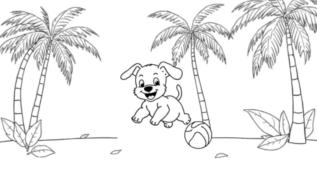 Placa de color con un perrito feliz jugando en la playa.
