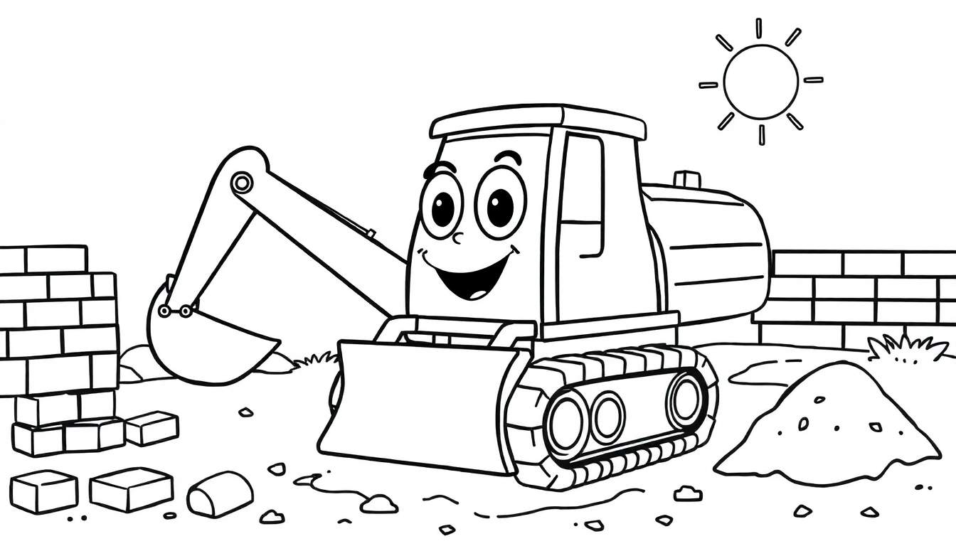 Dibujo de una excavadora amigable con grandes ojos y sonrisa, en un sitio de construcción con ladrillos, tierra y un sol, listo para colorear.