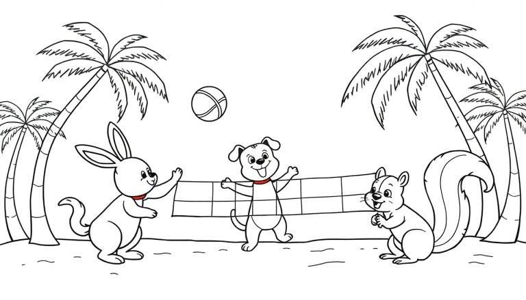 Placa de color: un conejo, un perro y una ardilla jugando voleibol en una playa tropical bajo palmeras.