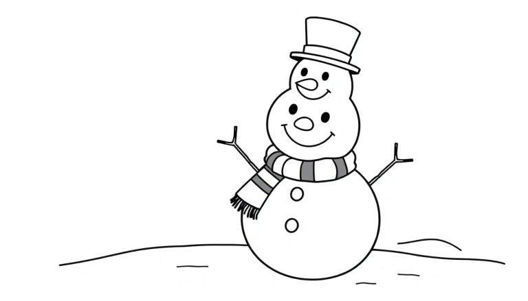 Un muñeco de nieve en blanco y negro para colorear, con sombrero y bufanda.