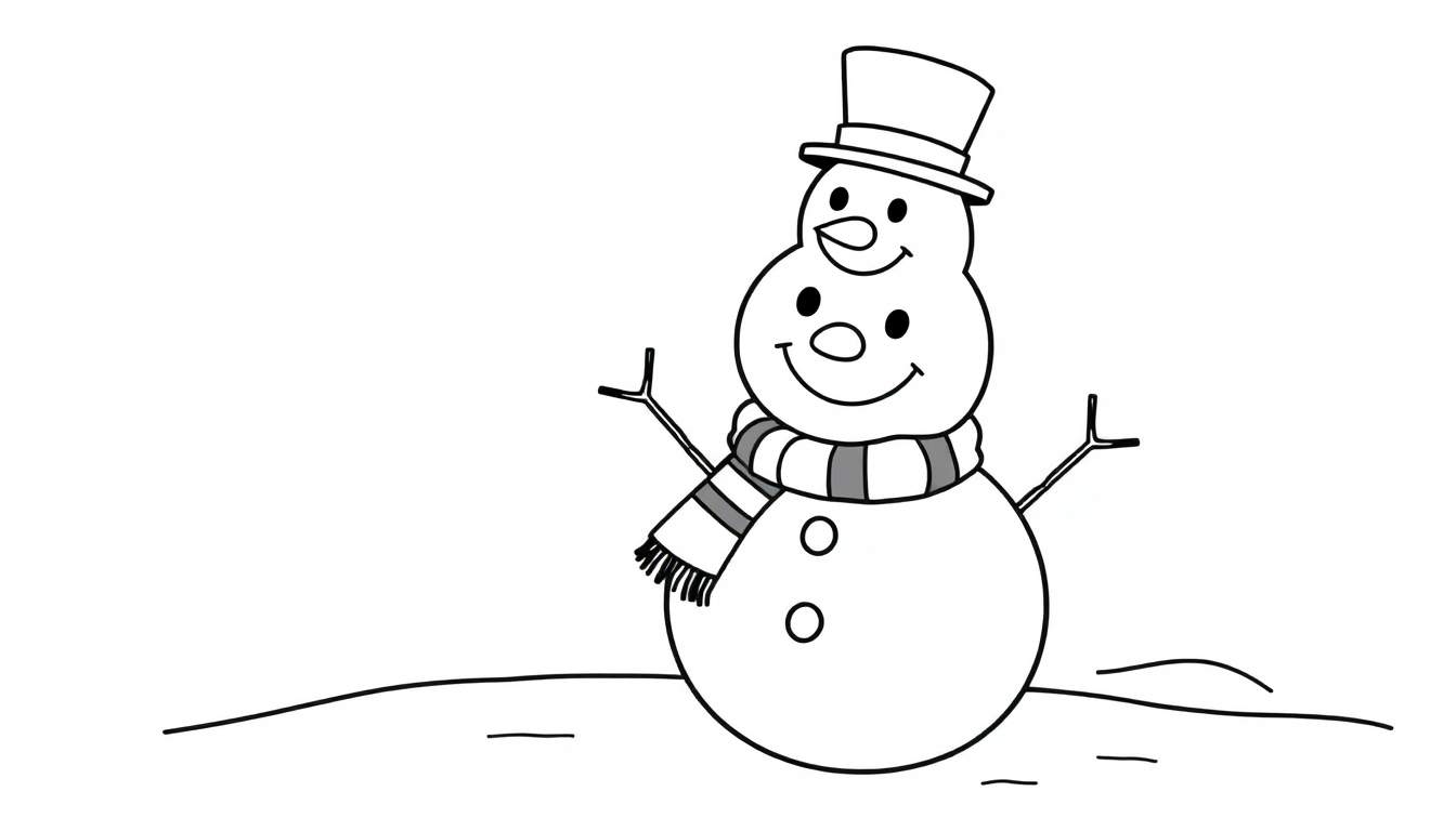 Un muñeco de nieve en blanco y negro para colorear, con sombrero y bufanda.