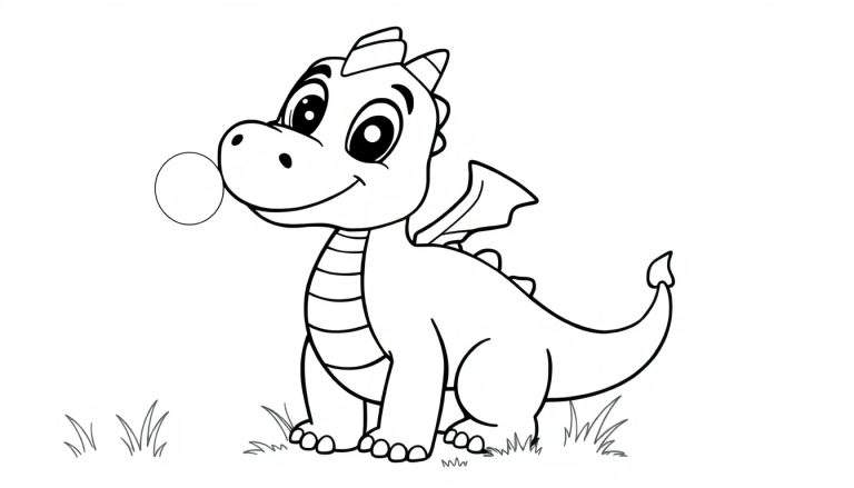 Un dragón sonriente de dibujos animados en blanco y negro, como en una placa de color, sosteniendo una burbuja.