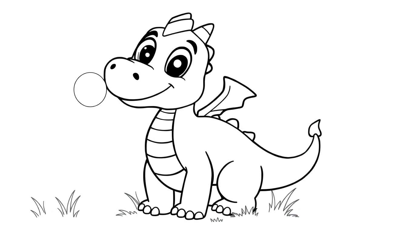 Un dragón sonriente de dibujos animados en blanco y negro, como en una placa de color, sosteniendo una burbuja.