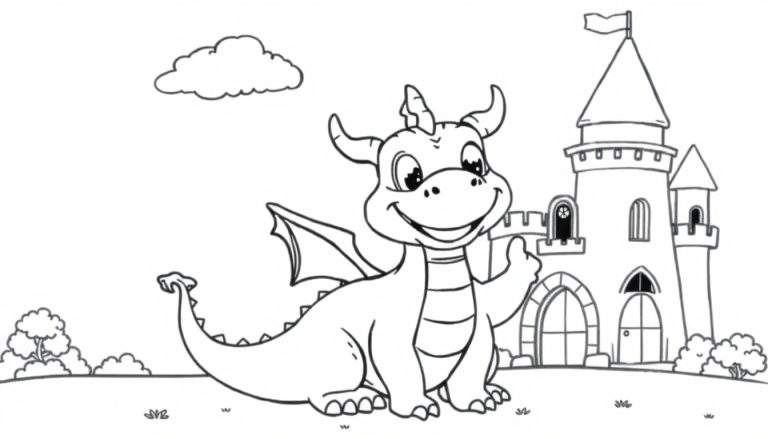 Un dibujo lineal en blanco y negro de un dragón amigable sonriendo y levantando el pulgar frente a un castillo de ensueño, para colorear.