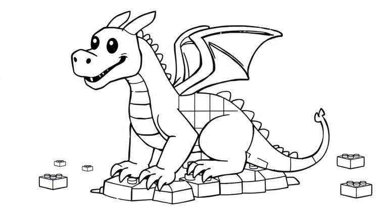 Placa de color de un dragón amigable de bloques de Lego sonriendo sobre una pila de bloques.