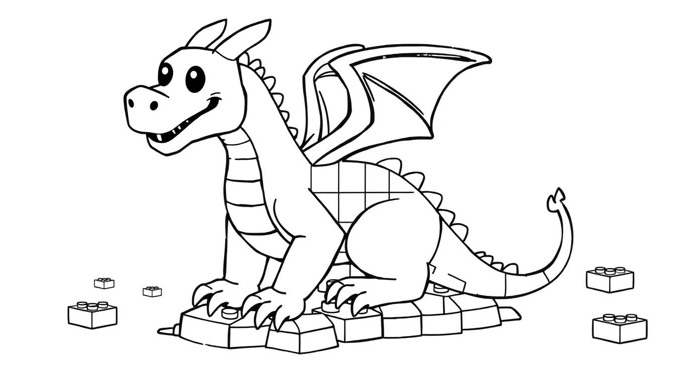 Placa de color de un dragón amigable de bloques de Lego sonriendo sobre una pila de bloques.