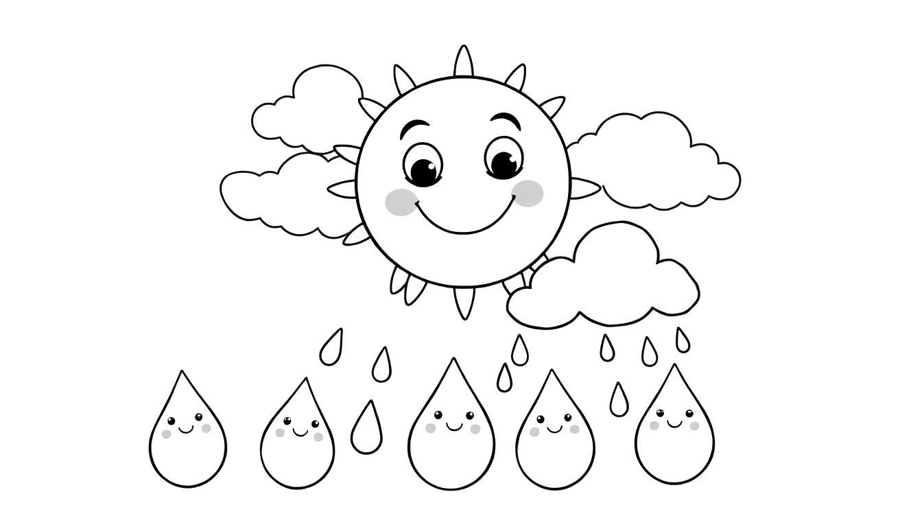 Placa de color de un sol sonriente rodeado de nubes y gotas de lluvia, lista para colorear.