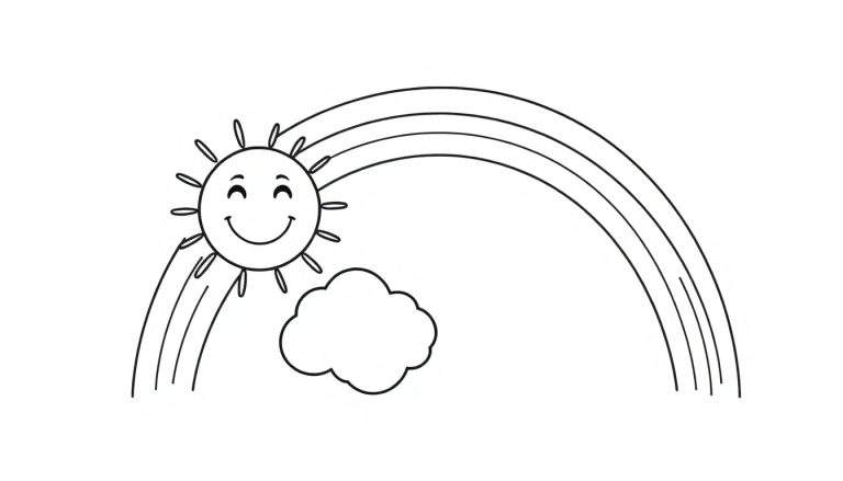Placa de color con un sol sonriente, una nube esponjosa y un arcoíris.