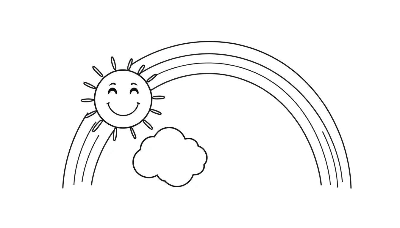 Placa de color con un sol sonriente, una nube esponjosa y un arcoíris.