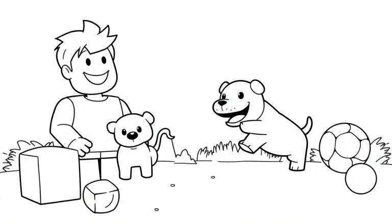 Placa de color: Niño feliz jugando con un oso de peluche y un perro juguetón con pelotas.