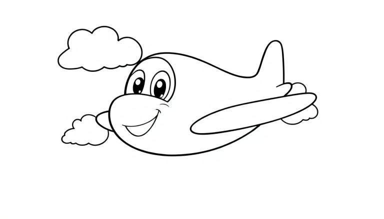 Un avión de juguete sonriente en una placa de color, volando con una nube