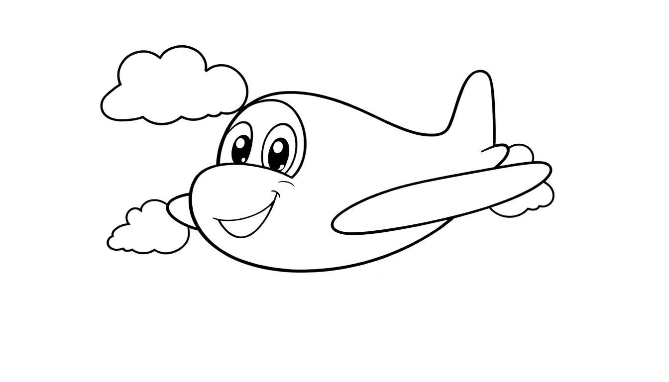 Un avión de juguete sonriente en una placa de color, volando con una nube