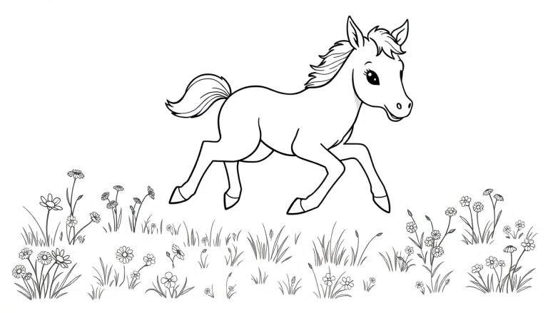 Placa de color: un caballito juguetón correteando entre flores.