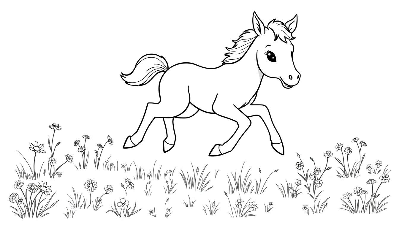 Placa de color: un caballito juguetón correteando entre flores.