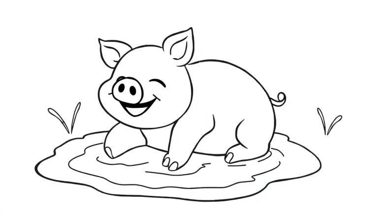 Placa de color de un cerdito feliz en el barro.
