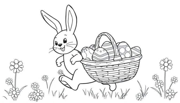 Placa de color de un conejo de Pascua con cesta de huevos.
