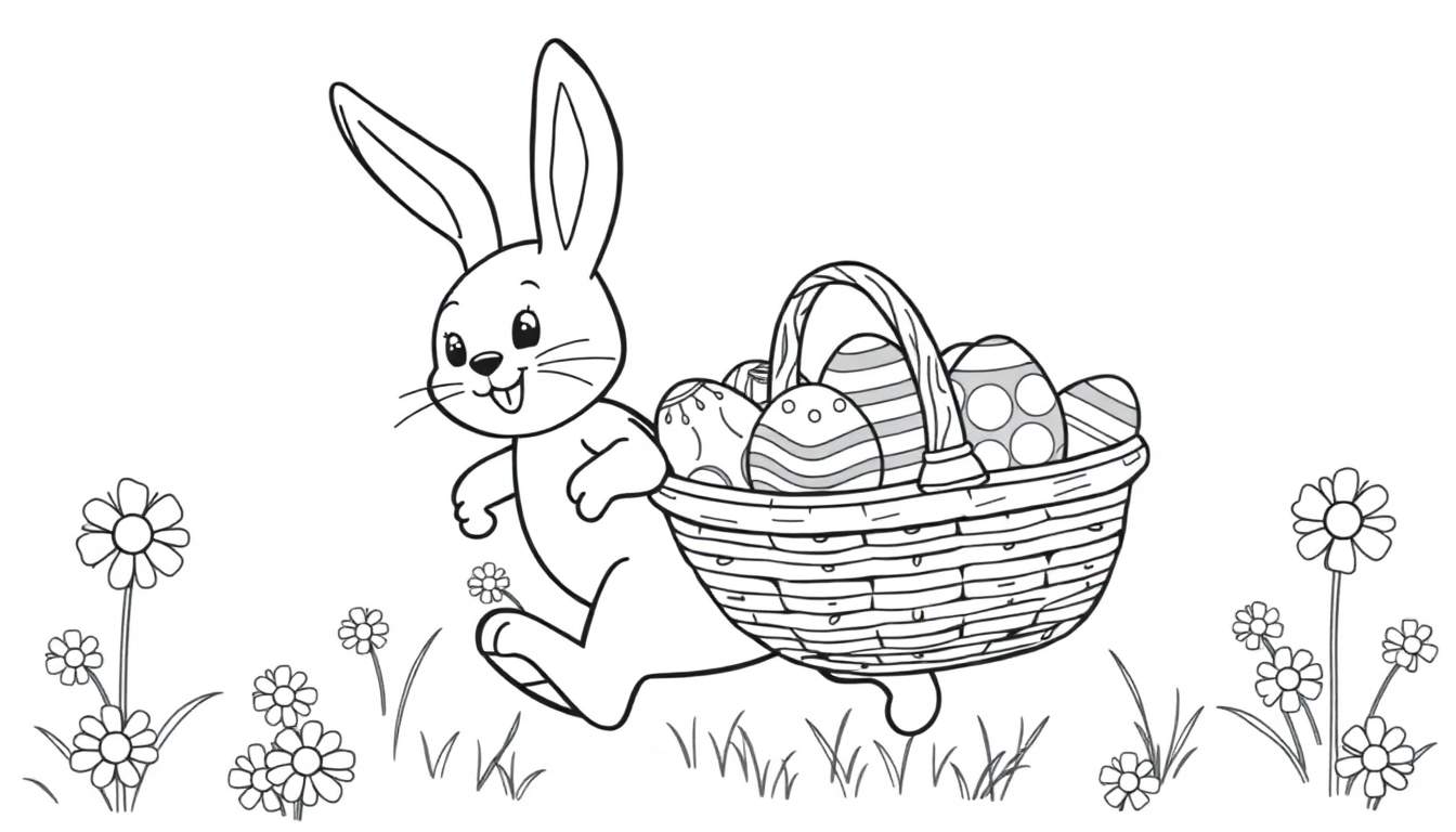 Placa de color de un conejo de Pascua con cesta de huevos.