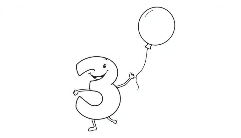 Placa de color de un número 3 sonriente con un globo.