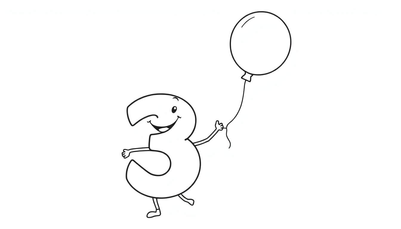 Placa de color de un número 3 sonriente con un globo.