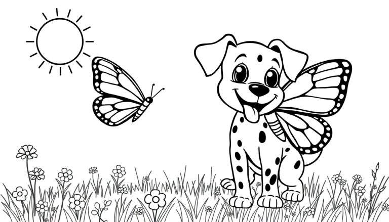 Placa de color: Un dálmata con alas de mariposa sonriendo bajo un sol brillante, persiguiendo una mariposa en un campo de flores.