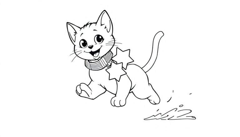 Placa de color de un gatito feliz corriendo con una medalla.