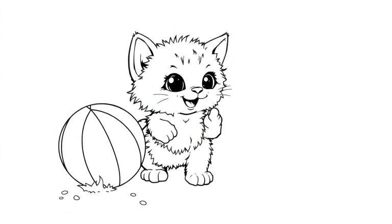 Placa de color de un gatito jugando con una pelota.