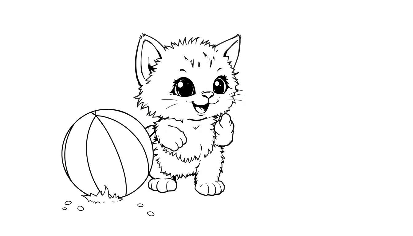 Placa de color de un gatito jugando con una pelota.