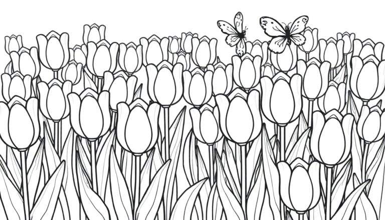 Placa de color de un campo de tulipanes con mariposas.